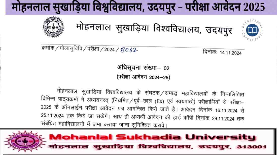 MLSU Udaipur – Exam Application Notice 2025 : मोहनलाल सुखाड़िया विश्वविद्यालय उदयपुर – परीक्षा आवेदन सूचना 2025