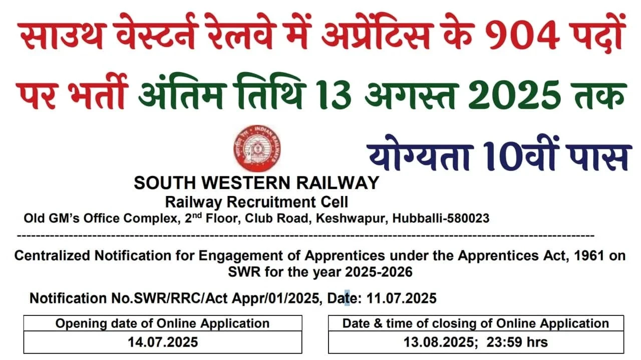 South Western Railway Recruitment 2025: साउथ वेस्टर्न रेलवे में अप्रेंटिस के 904 पदों पर भर्ती का नोटिफिकेशन जारी, 10वीं पास आवेदन शुरू