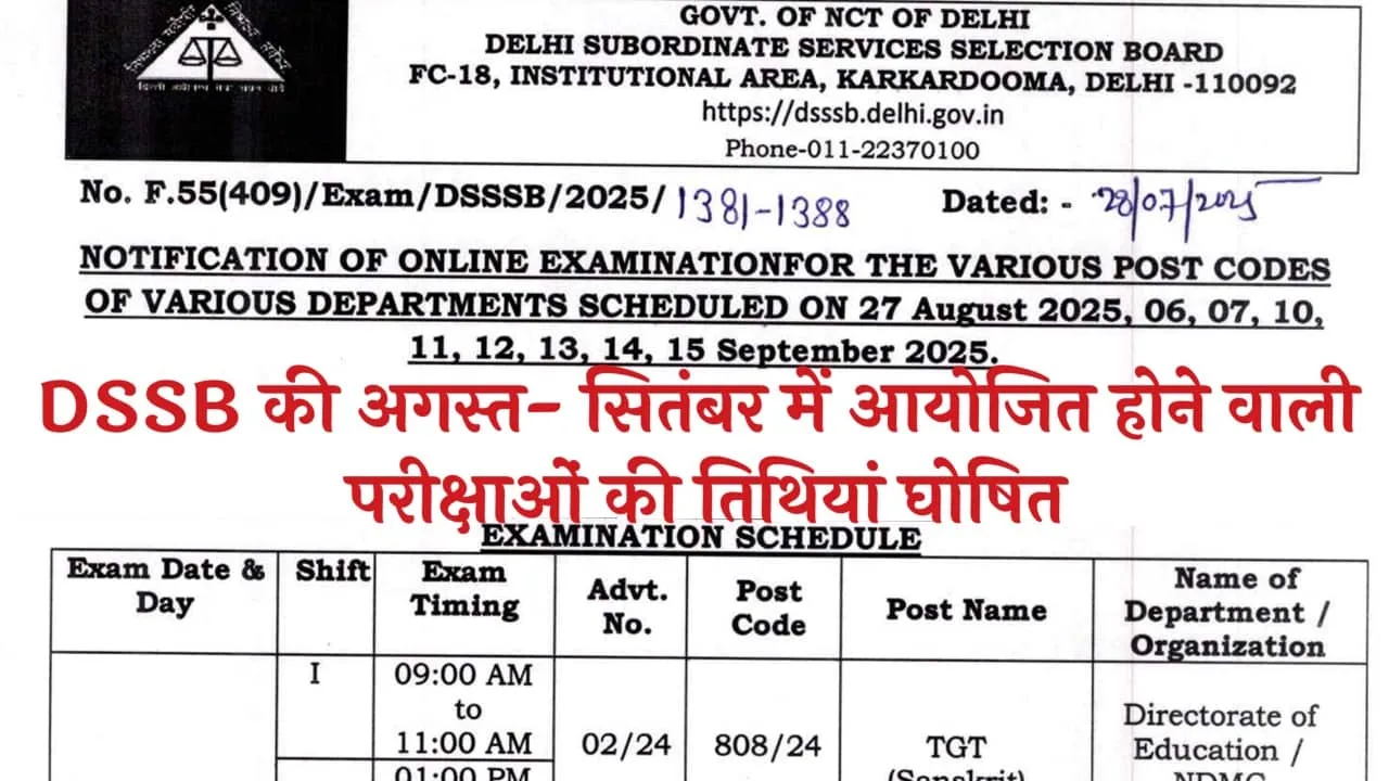 DSSSB August September Exam Date 2025: डीएसएसएसबी की अगस्त एवं सितंबर में आयोजित होने वाली परीक्षाओं की तिथियां घोषित