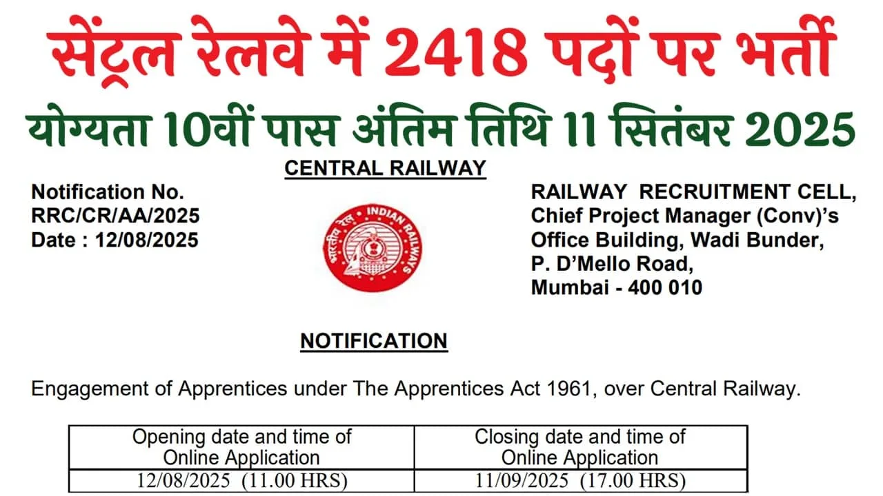 RRC CR Apprentice Recruitment 2025: सेंट्रल रेलवे में अप्रेंटिस के 2418 पदों पर भर्ती, आवेदन शुरू