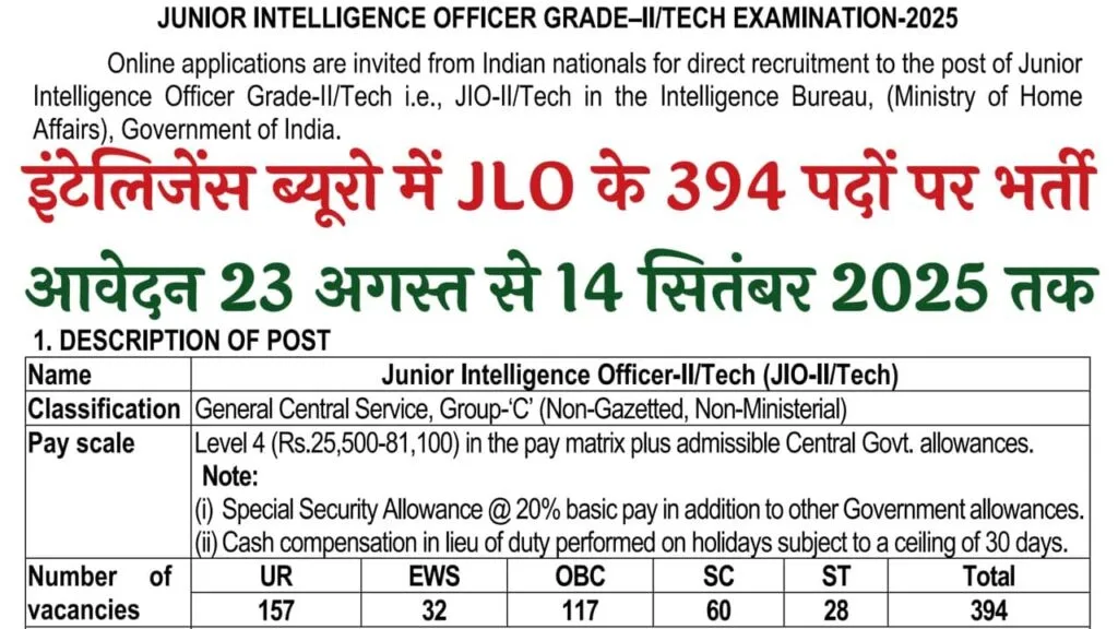 IB Junior Intelligence Officer Recruitment 2025: इंटेलिजेंस ब्यूरो में जूनियर इंटेलिजेंस ऑफिसर के 394 पदों पर भर्ती का नोटिफिकेशन जारी