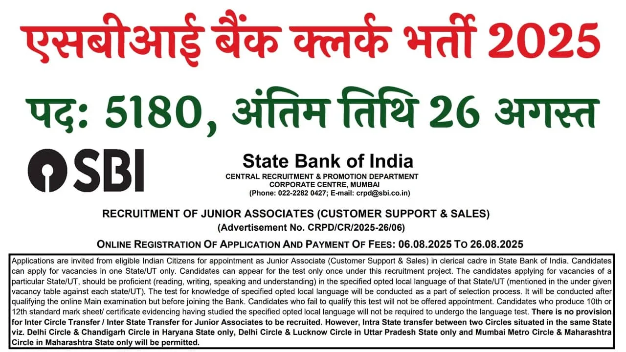 SBI Bank Clerk Recruitment 2025: एसबीआई बैंक में क्लर्क के 5180 पदों पर भर्ती का नोटिफिकेशन जारी