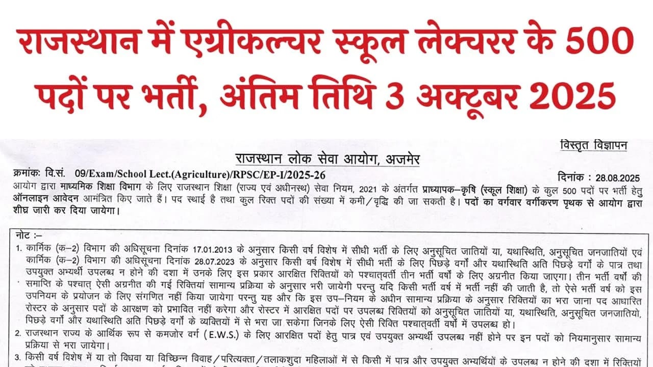 RPSC 1st Grade Agriculture Teacher Recruitment 2025: राजस्थान में एग्रीकल्चर स्कूल लेक्चरर के 500 पदों पर भर्ती का नोटिफिकेशन जारी