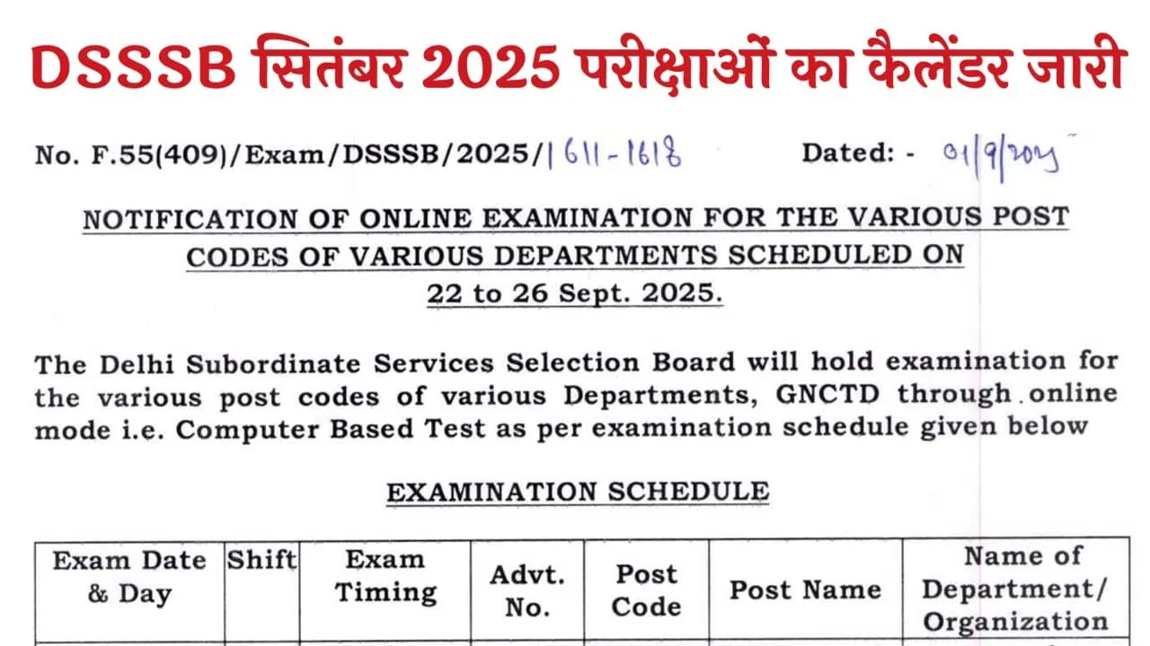 DSSSB Exam Date September 2025: डीएसएसएसबी ने सितंबर 2025 में आयोजित होने वाली परीक्षाओं का कैलेंडर किया जारी यहां से देखें