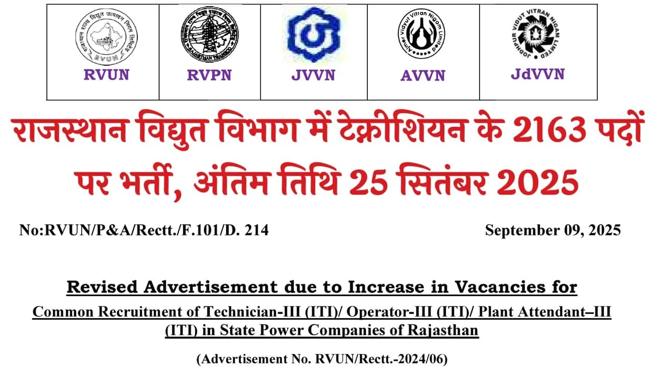 RVUNL Technician Recruitment 2025: राजस्थान विद्युत विभाग में टेक्नीशियन के 2163 पदों पर भर्ती का नोटिफिकेशन जारी