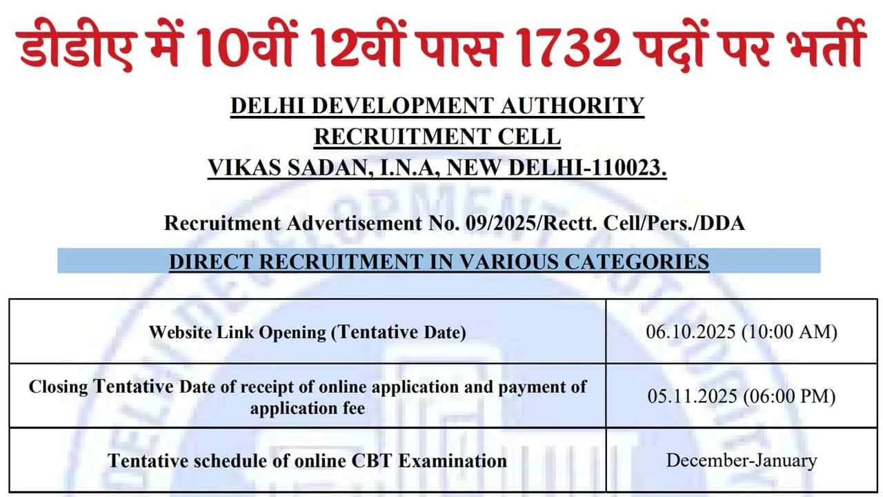 DDA Recruitment 2025: डीडीए में 10वीं 12वीं पास 1732 पदों पर भर्ती का नोटिफिकेशन जारी, देखिए पूरी जानकारी