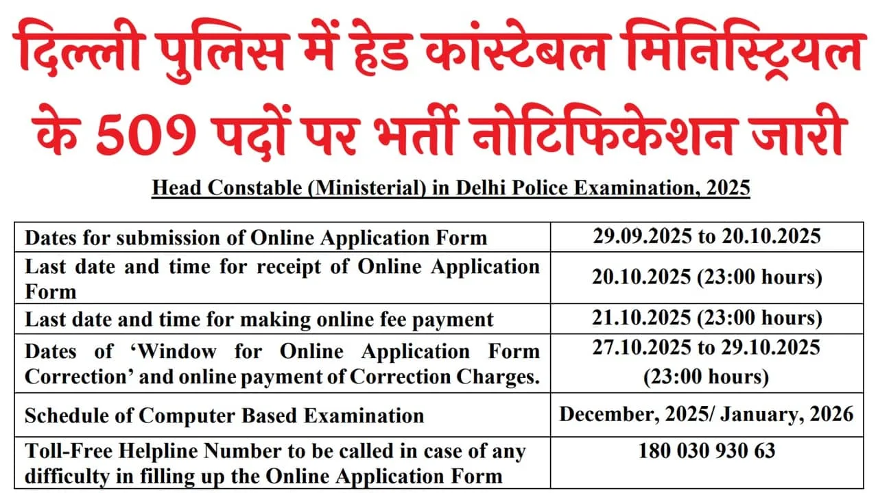 Delhi Police Head Constable Ministerial Recruitment 2025: दिल्ली पुलिस में हेड कांस्टेबल मिनिस्ट्रियल के 509 पदों पर भर्ती नोटिफिकेशन जारी