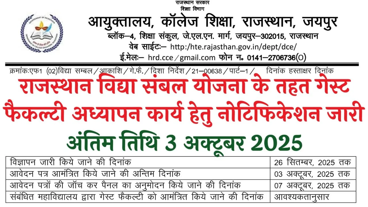 Rajasthan Vidya Sambal Yojana 2025: राजस्थान विद्या संबल योजना के तहत गेस्ट फैकल्टी अध्यापन कार्य हेतु नोटिफिकेशन जारी